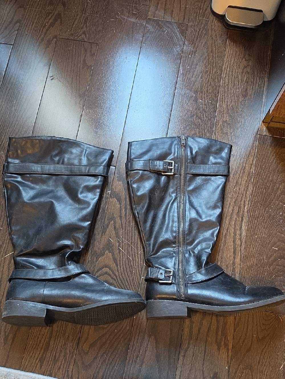 Black Synthetic Knee-High Boots with Side Zipper